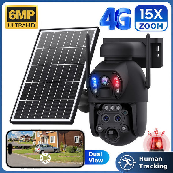 4G Solar Panel Battery PTZ Triple-Lens Hybrid Zoom Camera – with Red & Blue Warning Lights