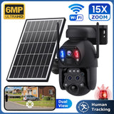 4G Solar Panel Battery PTZ Triple-Lens Hybrid Zoom Camera – with Red & Blue Warning Lights